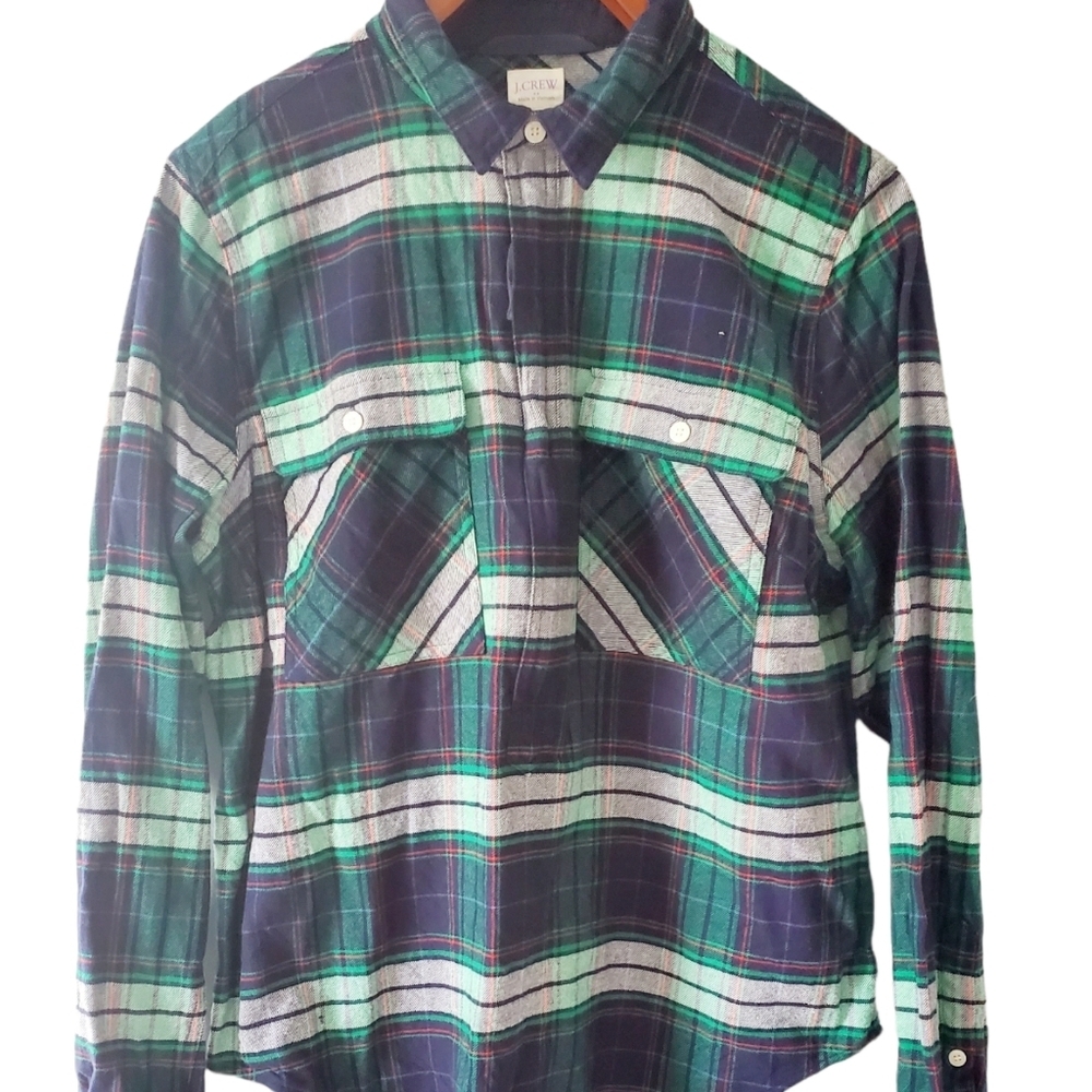 J. Crew 1/4 Zip Plaid Navy and Green Flannel Pull Over Shirt Size Medium